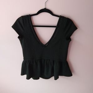 free people black peplum lace edged open back top